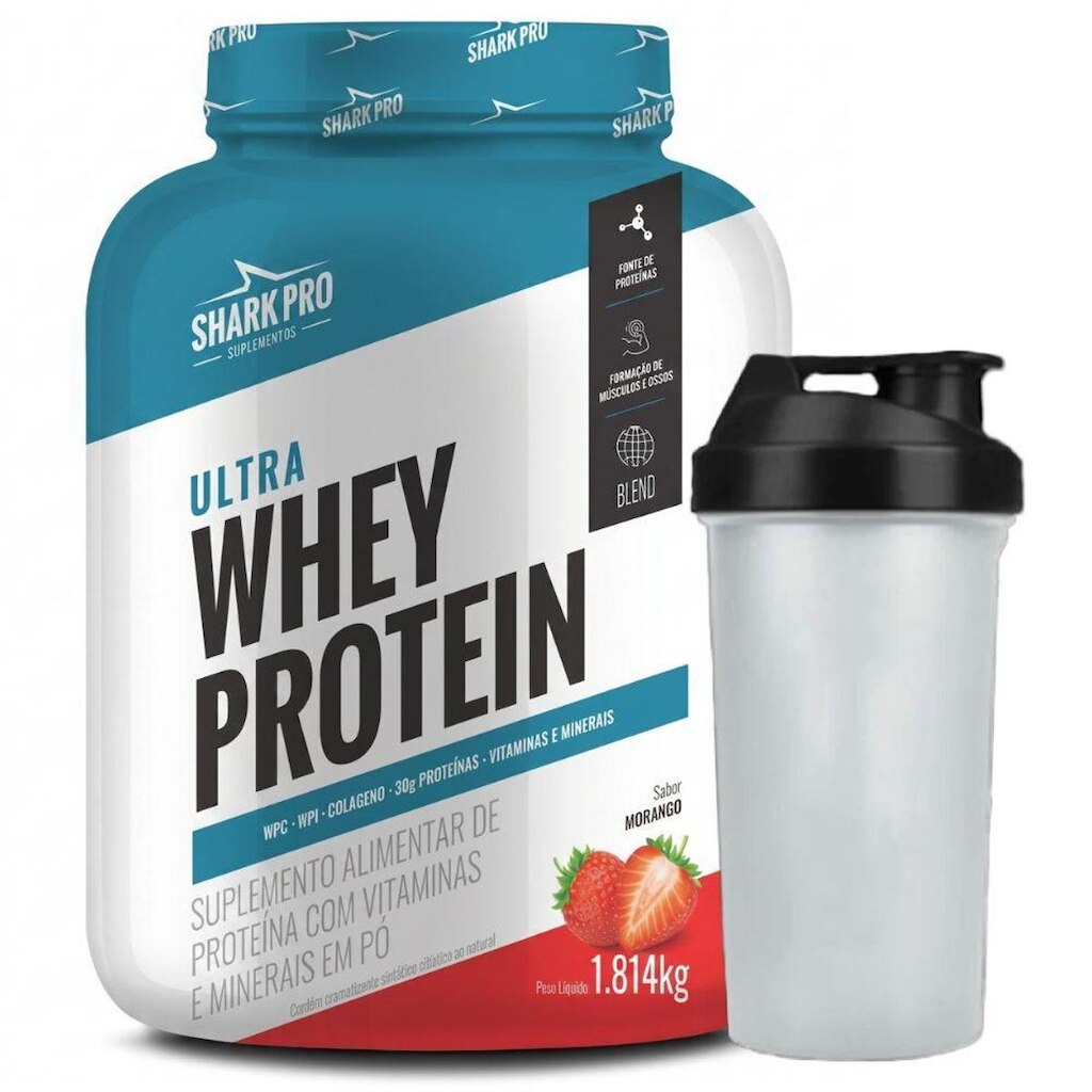 Whey Isolado Concentrado Morango 1.8kg Coqueteleira - Shark