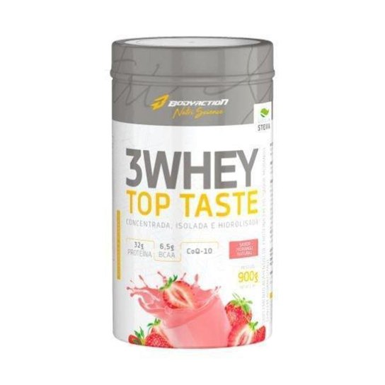 Whey Isolado, Hidrolisado e concentrado 3 whey Top taste Body action morango Menor preço em Whey Isolado, Hidrolisado e concentrado 3 whey Top taste Body action morango