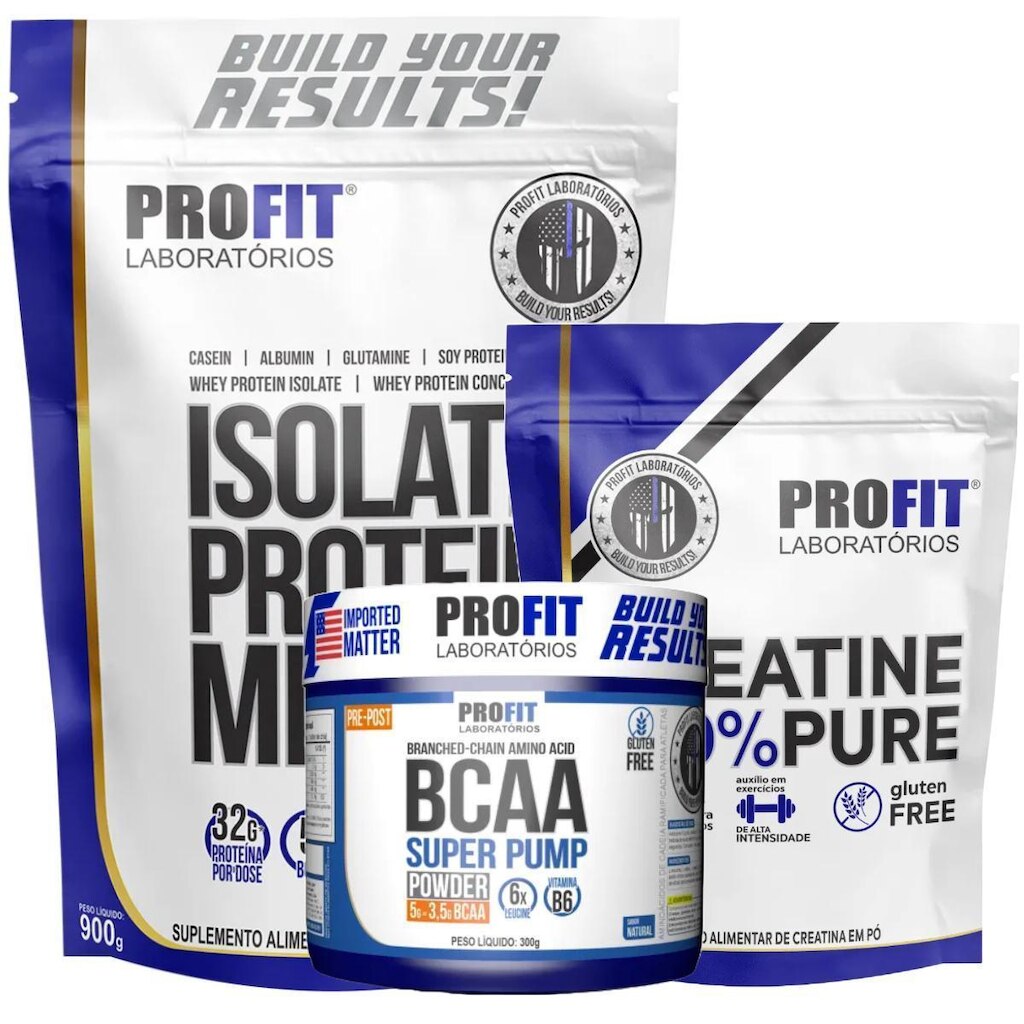 WHEY ISOLATE 900G l CREATINA PURA 250G l BCAA 300G SUPER PUMP l PROFIT