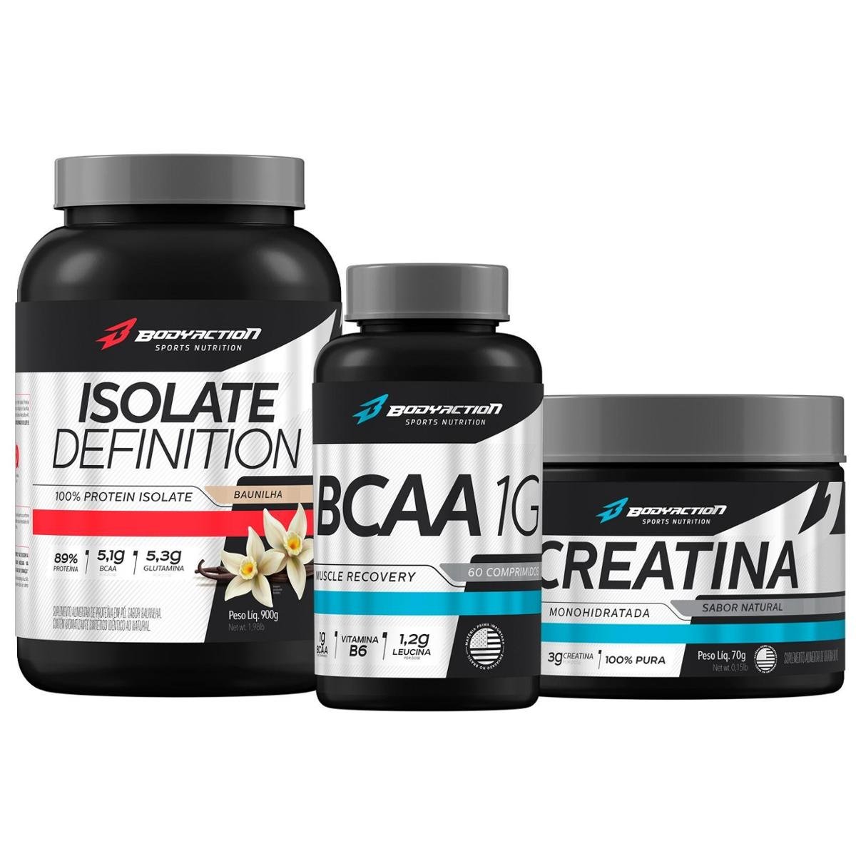Whey Isolate Definition 900g + Bcaa 1g + Creatina Bodyaction Baunilha