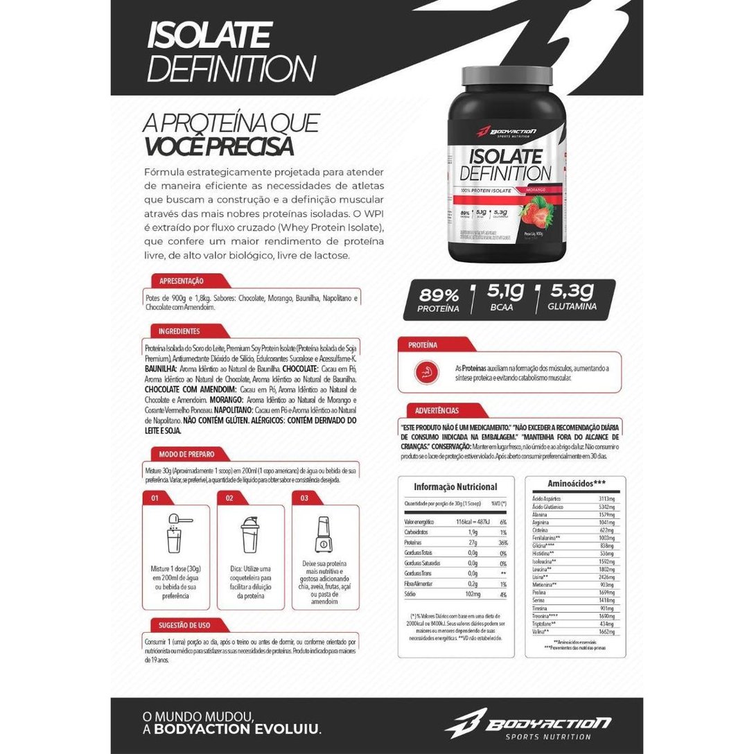 Whey Isolate Definition 900g + Bcaa 1g + Creatina Bodyaction
