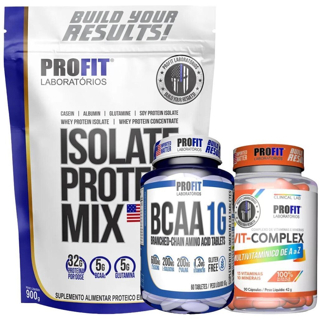WHEY ISOLATE PROTEIN MIX 900G l BCAA 60 TABLETS l MULTIVITAMÍNICO VIT COMPLEX 90 CÁPSULAS l PROFIT