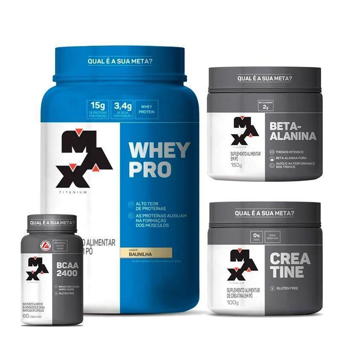 Whey Protein 1kg, Betaalanina 150g, Creatina 100g e BCAA 60 Caps Max