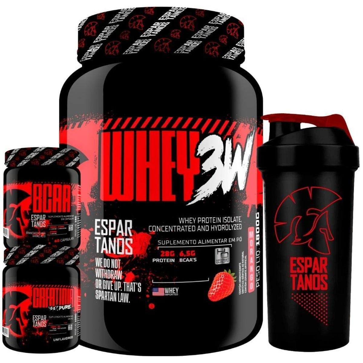 Whey Protein 3w 1,8kg + Bcaa + Creatina + Shaker Morango Netshoes