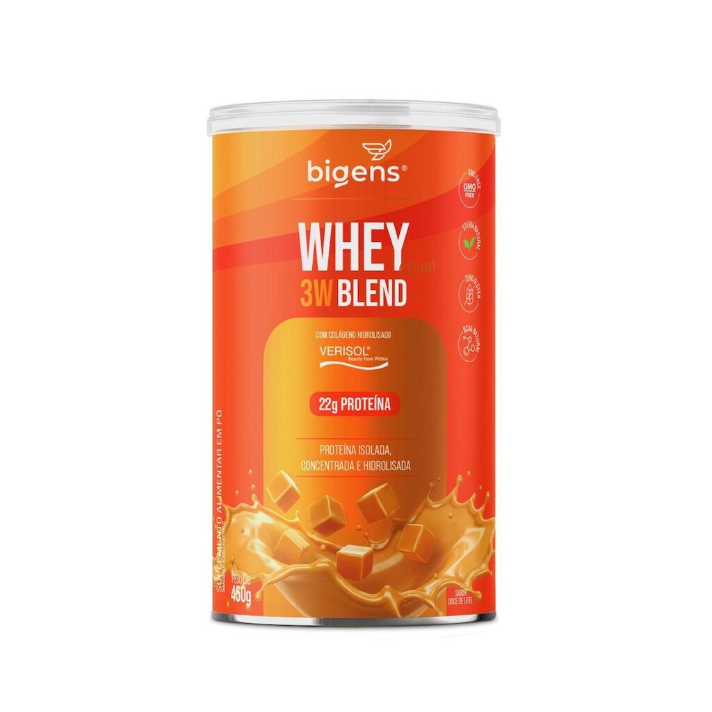 Whey Protein 3W Isolada Concentrada e Hidrolisada C/ Colageno Verisol Doce De Leite 450g - Bigens