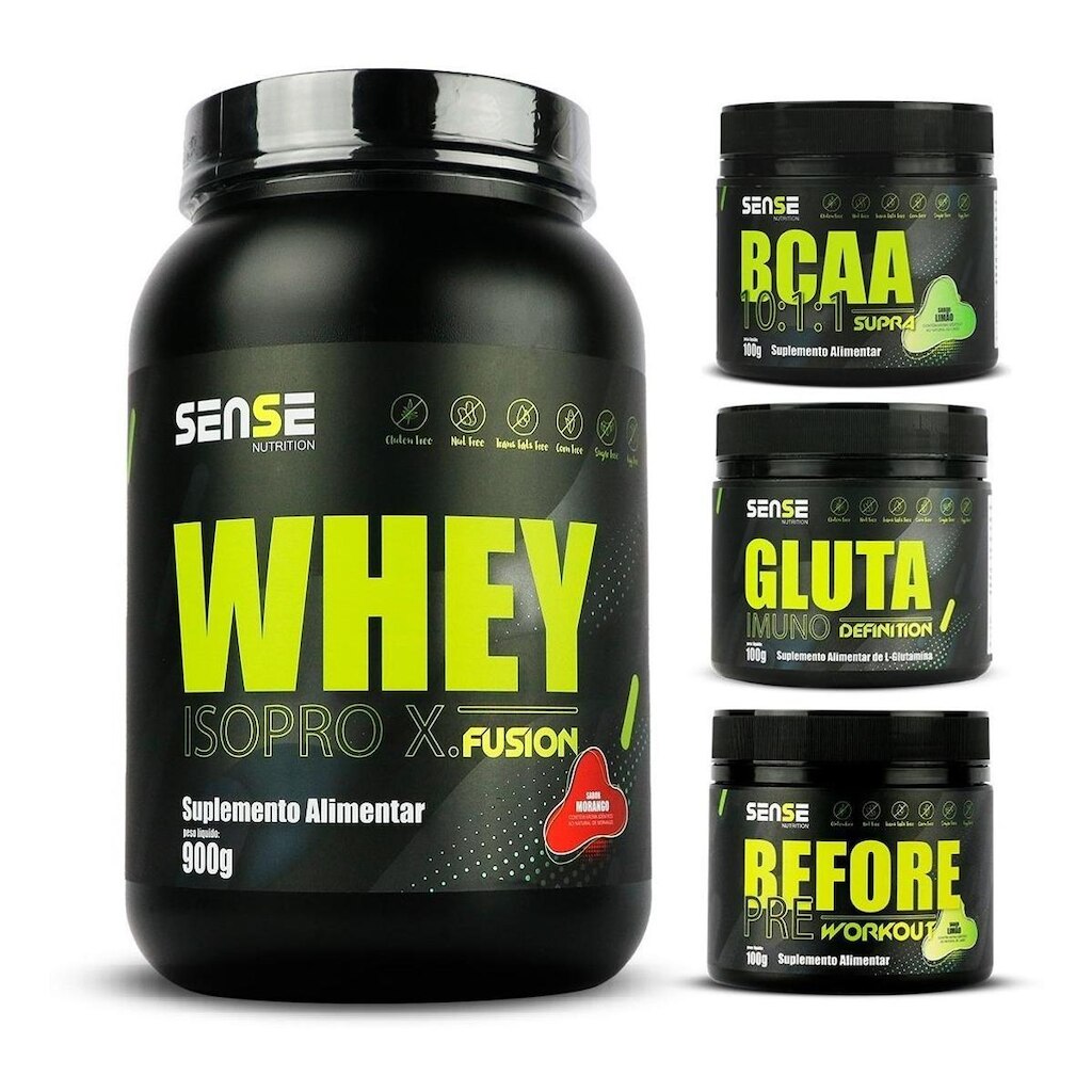 Whey Protein 900g + Bcaa + Glutamina + Pré Treino - Sense
