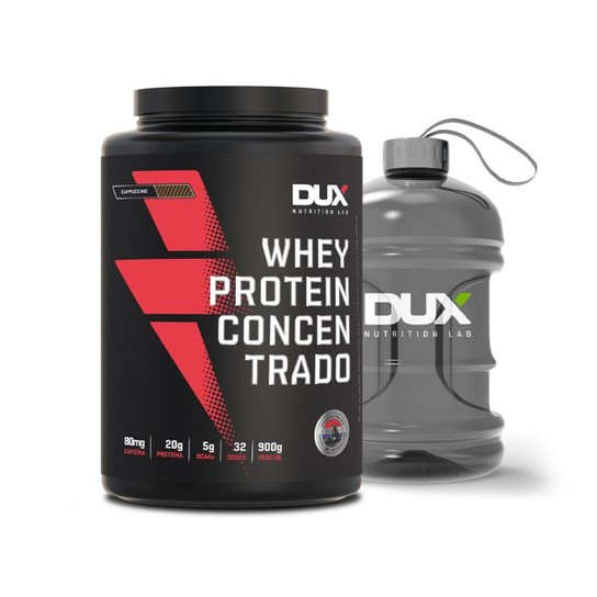 Whey Protein Concentrado Dux Nutrition 900g + Mini Galão 1,8L Menor preço em Whey Protein Concentrado Dux Nutrition 900g + Mini Galão 1,8L