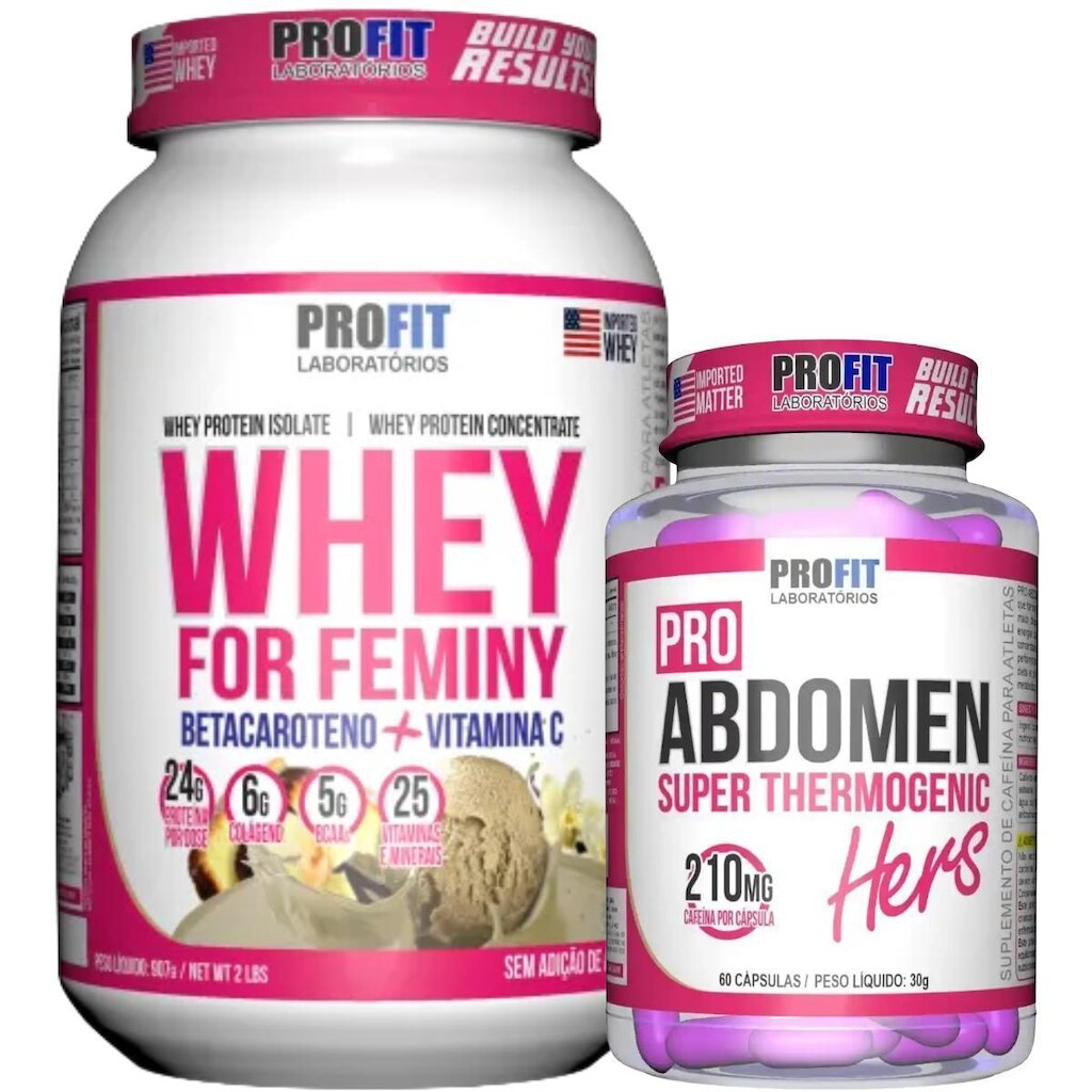 WHEY PROTEIN FEMININO 907G l TERMOGÊNICO PRO ABDOMEN HERS 60 CÁPSULAS l PROFIT