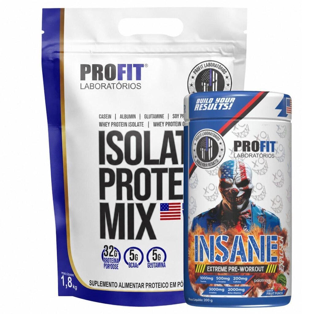 WHEY PROTEIN ISOLADO 1,8KG l PRÉ TREINO INSANE EXPLOSION 200G l PROFIT