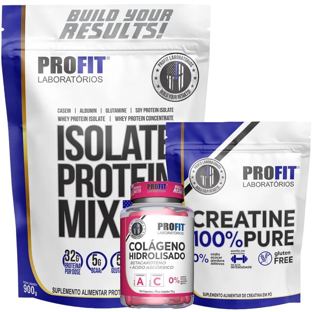 WHEY PROTEIN ISOLATE 900G l CREATINA PURA MONOHIDRATADA 250G l COLÁGENO 150 CÁPSULAS l PROFIT
